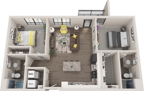 A top-down view of a small apartment with a kitchen, living room, and bedroom.